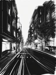 drawing of a city street at night  minimal rough sketch scribbles,doodles,black and white