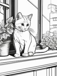 Kitty on a Window Sill Coloring Pages - Kitten Watching from a Window  minimal black outline printable sheet, coloring page