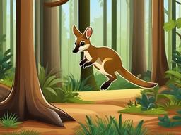 Wallaby Cartoon - Cartoon of wallaby hopping in forest  