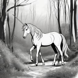 drawing of a unicorn in a magical forest  minimal rough sketch scribbles,doodles,black and white