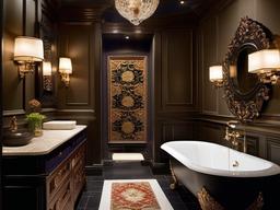 A small bathroom designed with Italian Renaissance interior design highlights rich colors, ornate fixtures, and detailed tile work that make the space feel luxurious despite its size.  