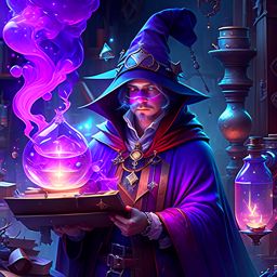 sorcerer's apprentice in tattered robes, surrounded by floating spellbooks and bubbling potions. 