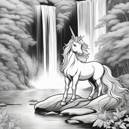 unicorn coloring pages - spiritual unicorn meditating beneath a tranquil waterfall, its aura in perfect harmony with nature. 