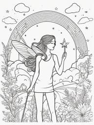 Fairy with a Rainbow Wand Coloring Pages - Fairy Casting Spells with a Rainbow Wand  minimal black outline printable sheet, coloring page