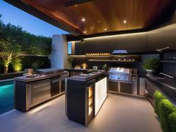 In the outdoor kitchen, futuristic interior design showcases high-tech appliances, sleek surfaces, and smart features that elevate outdoor cooking and entertaining experiences.  