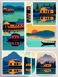 Kashmir Dal Lake Houseboats sticker- Houseboats on Dal Lake in the scenic region of Kashmir, , sticker vector art, minimalist design