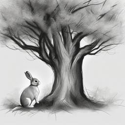 drawing of a bunny by a tree  minimal rough sketch scribbles,doodles,black and white