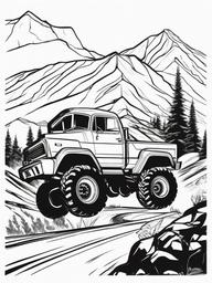 Monster Truck Racing Up Mountains Coloring Pages - Trucks Conquering Mountain Roads  minimal black outline printable sheet, coloring page