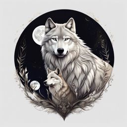 Wolf & Moon Tattoo,celestial partnership, wolf and the moon in a stunning tattoo. , color tattoo design, white clean background