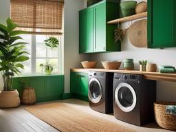 Tropical laundry room includes bamboo accents, bright colors, and palm leaf decor that bring a refreshing feel to a functional area.  