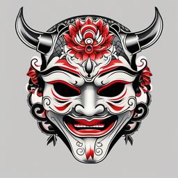 american traditional japanese mask  simple color tattoo,white background,minimal