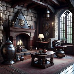 medieval castle living room with stone fireplace and suits of armor. 