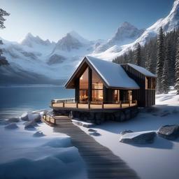 build me a mountain cabin which is above a big ice sea and everyhere is snoh the cabein should have a high roof and it should be made out of wood and glass and make it modern