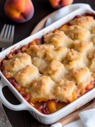 peach cobbler made with sweet, ripe peaches and a crumbly topping. 