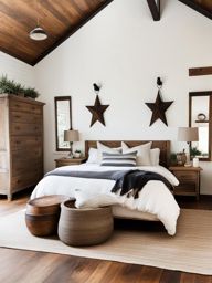 rustic farmhouse bedroom with reclaimed wood furniture and cozy textiles. 