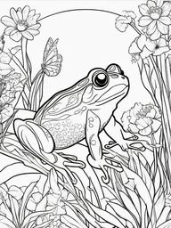 Frog Coloring Pages - Frog with a flower crown in a garden  simple coloring pages