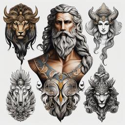 Mythology Gods Tattoos - Explore a variety of tattoos featuring different gods from Greek mythology, each representing unique attributes and stories.  simple color tattoo, white background