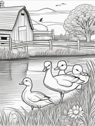 Farm Animal Coloring Pages - Ducklings following their mother to a pond  simple coloring pages