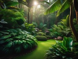 Lush Rainforest Garden - Design a garden that resembles a lush and vibrant rainforest. realistic, professional photography, bokeh, natural lighting, canon lens, shot on dslr 64 megapixels sharp focus