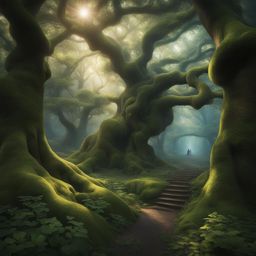 enchanted forest, a mystical realm with ancient trees, magical creatures, and ethereal light. 