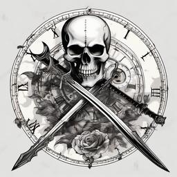 Skull Cresent moon with a sword piercing a clock symbolic of insomnia   ,tattoo design, white background