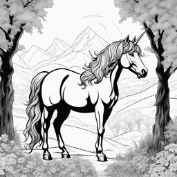 unicorn coloring pages - vigilant unicorn standing sentinel at the entrance to a hidden valley, its horn aglow with protective magic. 