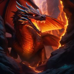 Fierce dragon, its scales glistening in the fiery glow of its lair, guards a cavern filled with untold treasures and the echoes of past battles. hyperrealistic, intricately detailed, color depth,splash art, concept art, mid shot, sharp focus, dramatic, 2/3 face angle, side light, colorful background