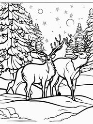 Santa and Reindeer on Snowy Night Coloring Pages - Christmas Eve Journey Begins  minimal black outline printable sheet, coloring page