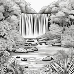 Summer Coloring Pages - Scenic view of a waterfall surrounded by lush greenery  simple coloring pages