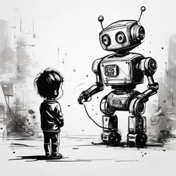 drawing of a robot and a child  minimal rough sketch scribbles,doodles,black and white