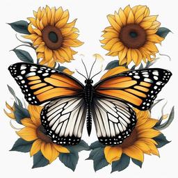 butterfly on a sunflower tattoo  simple color tattoo, minimal, white background