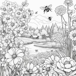 flower coloring pages - bees collect nectar from colorful flowers in a vibrant garden. 