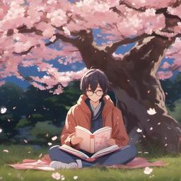 Laid-back anime character reading a book under a sakura tree.  front facing ,centered portrait shot, cute anime color style, pfp, full face visible