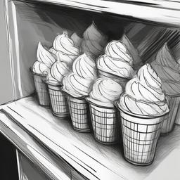 drawing of ice cream in a freezer  minimal rough sketch scribbles,doodles,black and white