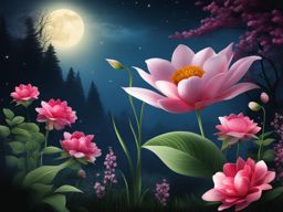 flower clipart,blooming in a magical garden under the moonlight 