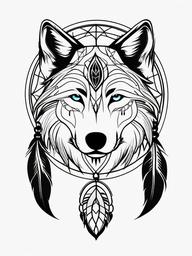 Feminine Wolf Dreamcatcher Tattoo - Feminine design featuring a dreamcatcher and wolf motifs.  simple vector tattoo,minimalist,white background