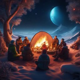 Cozy Fireside Gathering on an Alien Planet Christmas Space Background intricate details, patterns, wallpaper photo