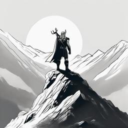 drawing of Thor standing on a mountain peak  minimal rough sketch scribbles,doodles,black and white