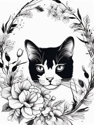 Cat paw with floral wreath ink: Blooms of elegance surrounding feline prints.  black white tattoo, white background