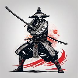 Honorable samurai tattoo in disciplined stance.  color tattoo,minimalist,white background