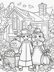 Trick-or-Treater Coloring Pages - Kids in Costumes Collecting Candy  minimal black outline printable sheet, coloring page