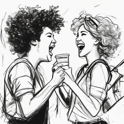 drawing of best friends cheering each other on  minimal rough sketch scribbles,doodles,black and white