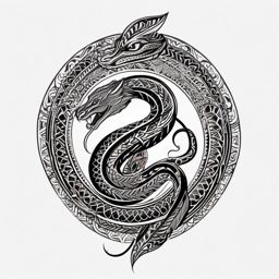 Black mamba with tribal patterns tattoo. Cultural serpent connection.  color tattoo, white background