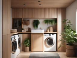 Biophilic interior design in the laundry room showcases wooden storage solutions, natural light from windows, and a plant corner that brightens the space and makes chores feel less daunting.  