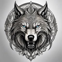 Fenrir Tattoo,Fenrir, monstrous wolf from Norse mythology, bound in ink, symbolizing inevitable and unstoppable forces. , color tattoo design, white clean background