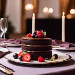 decadent chocolate cake with layers of ganache, served at an elegant wedding banquet. 