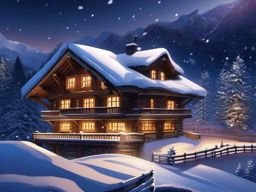 Winter Desktop Wallpaper - Snowy Alpine Chalet in Winter  intricate patterns, splash art, wallpaper art