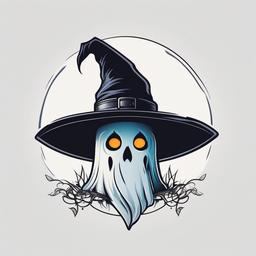 Ghost with Witch Hat Tattoo - Tattoo featuring a ghost wearing a witch hat for a spooky touch.  simple color tattoo,minimalist,white background