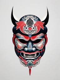 traditional japanese mask tattoo  simple color tattoo,white background,minimal