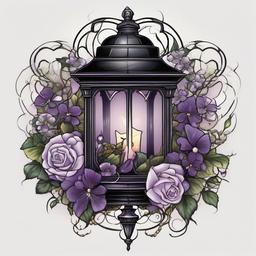 Traditional tattoo style of a black lantern with amethyst, pearl, alexandrite and moonstone crystals entwined in Violets, rose and honeysuckle flowers   ,tattoo design, white background